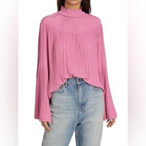 A.L.C‎ Pink Pleated Bell Sleeve Mock Neck Blouse